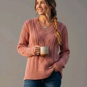 LL Bean Signature Sweater Women's XXS Pink Fisherman Cable Knit Tunic V-Neck‎